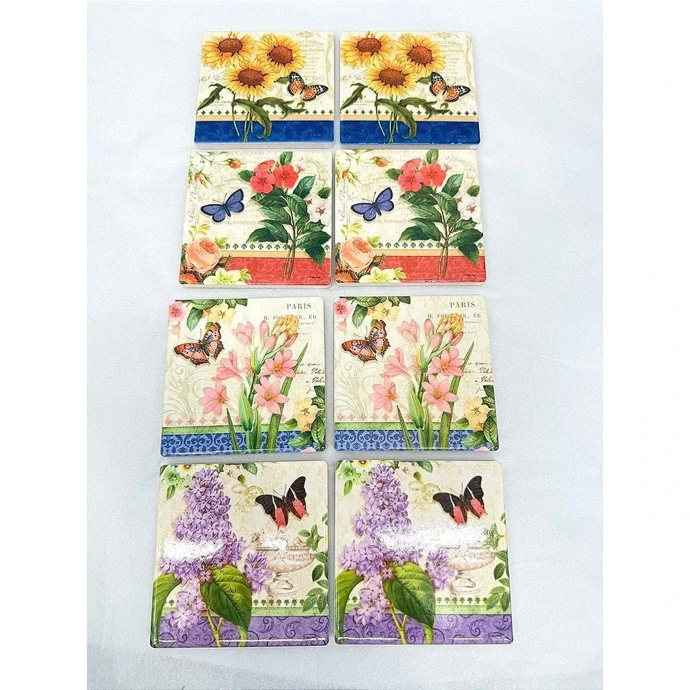 Butterfly Ceramic Coasters Floral French Cottage Country Whimsical Decor 8 Pc